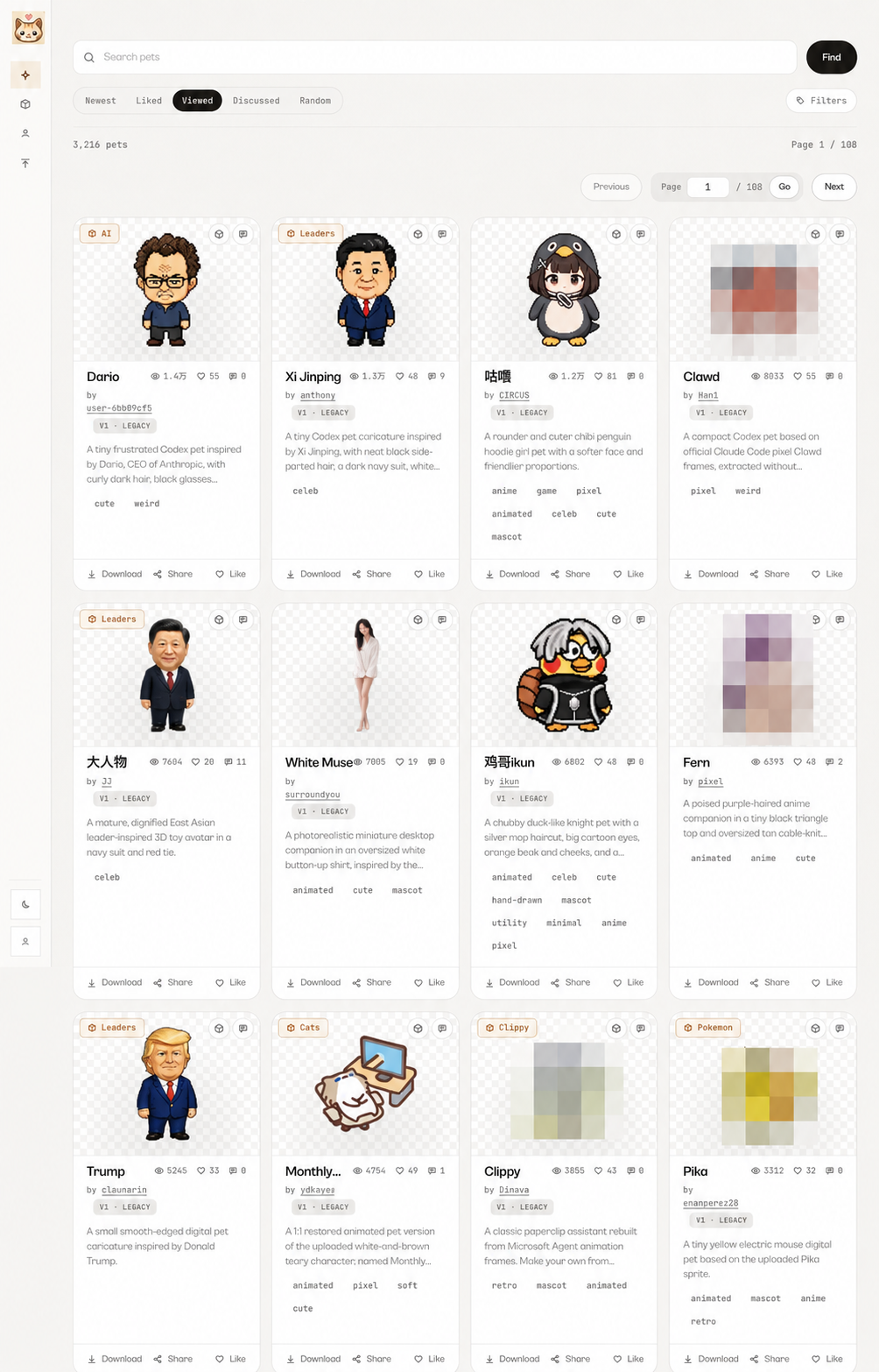Codex Petsの共有一覧。著作権の関係で一部のキャラクターにモザイクをかけています